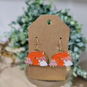 New 18k Gold Plated Adorable Floral Sleeping Fox Enamel Earrings Quirky Gift